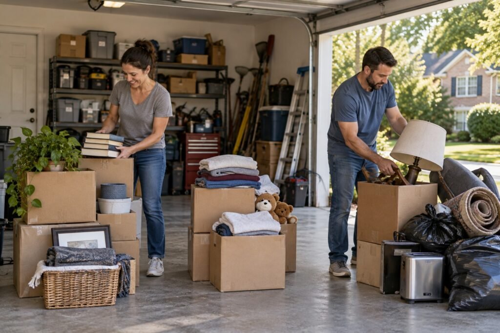 Homeowners sorting a garage before a cleanout